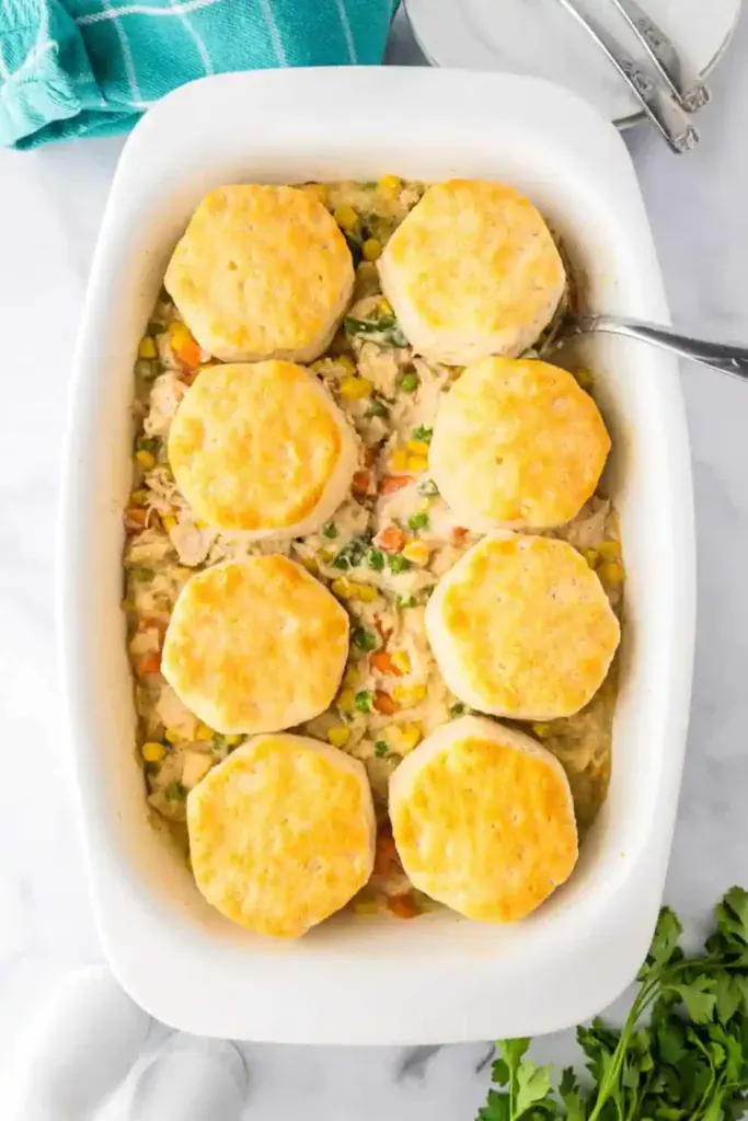 Biscuit chicken pot pie in a baking dish.