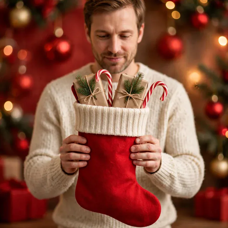Man holding red stocking stuffed with candy cane and Christmas gifts.