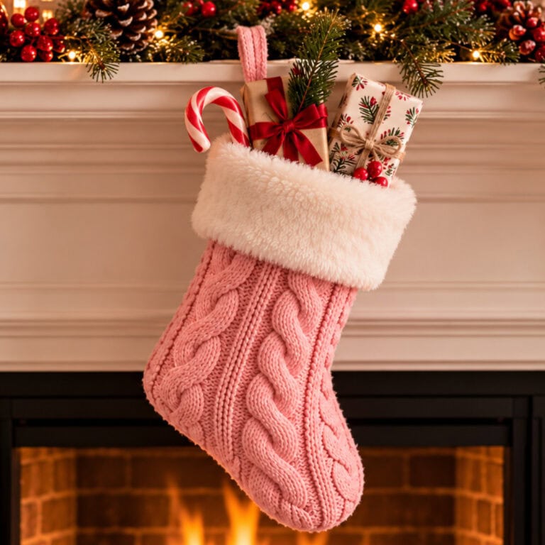 pink stocking stuffer filled with goodies hanging on the mantle with Christmas decorations.