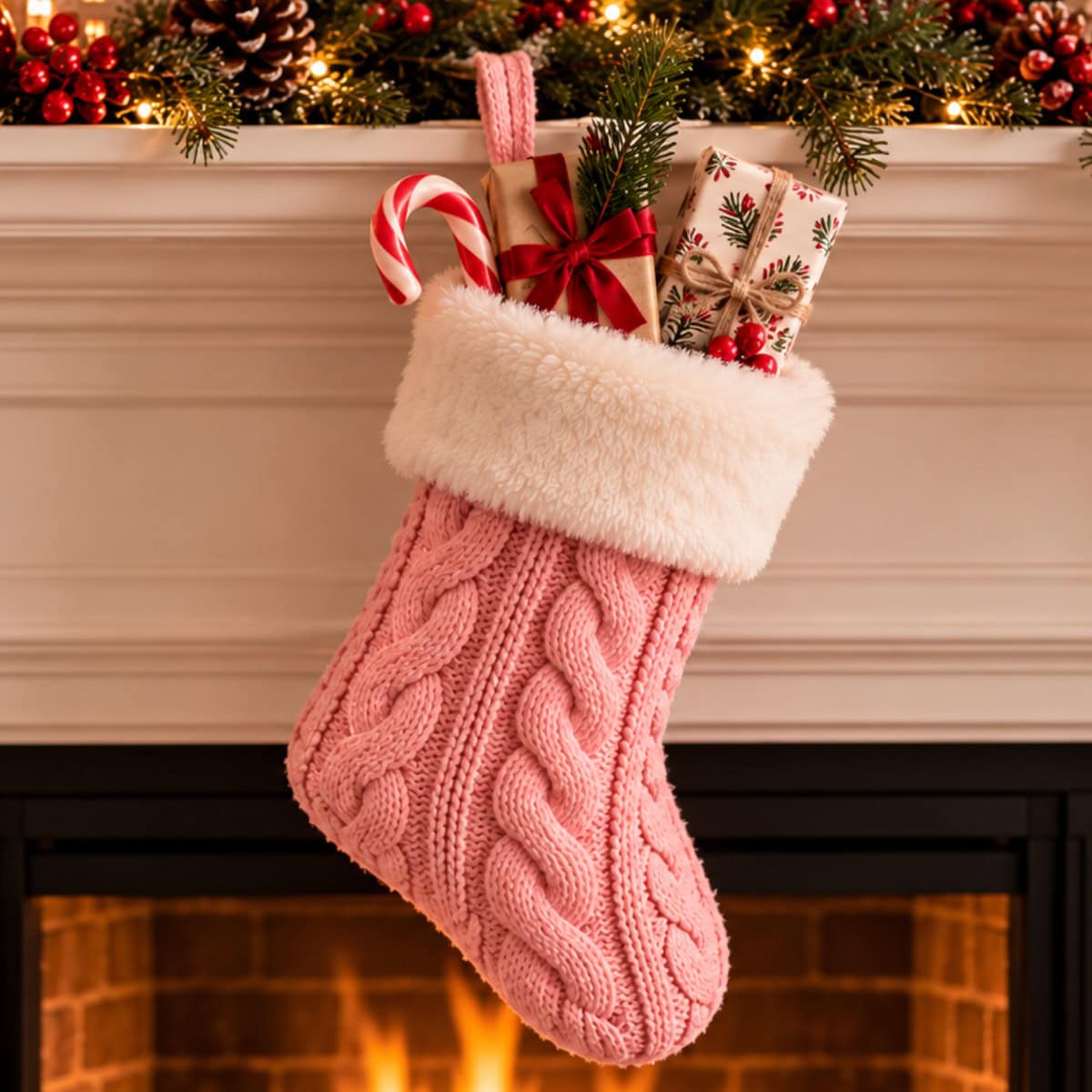 pink stocking stuffer filled with goodies hanging on the mantle with Christmas decorations.