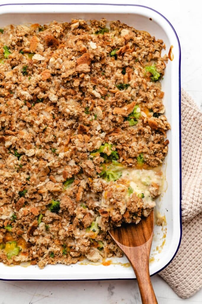 Chicken broccoli stuffing casserole in a baking dish.