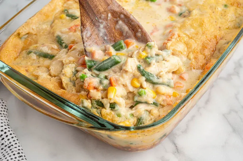 Chicken cobbler in a baking dish.