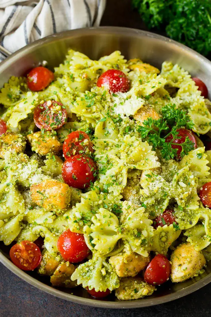 Chicken pesto pasta in a pot.