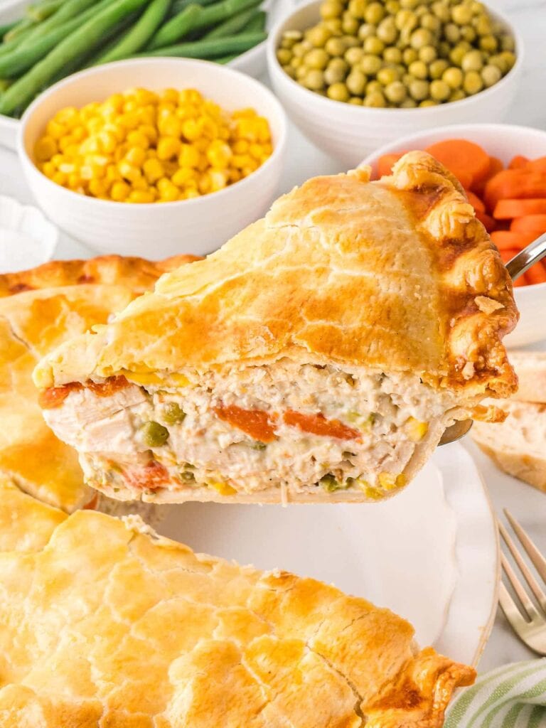 Chicken pot pie on a spatula.