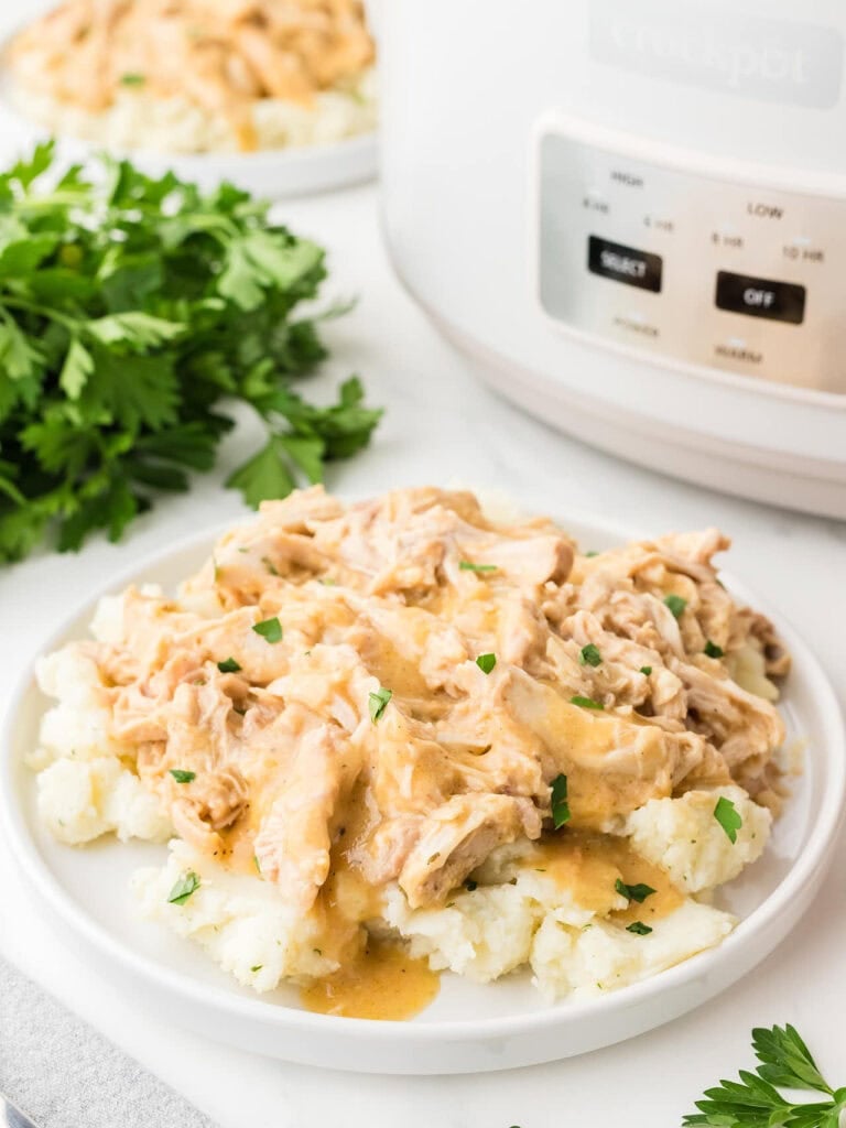 Crockpot chicken and gravy over mashed potatoes on a plate.
