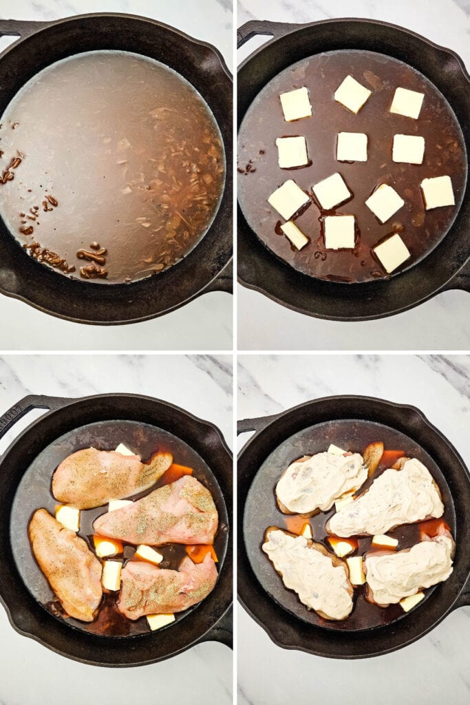 French onion chicken and rice bake preparation steps in a skillet.