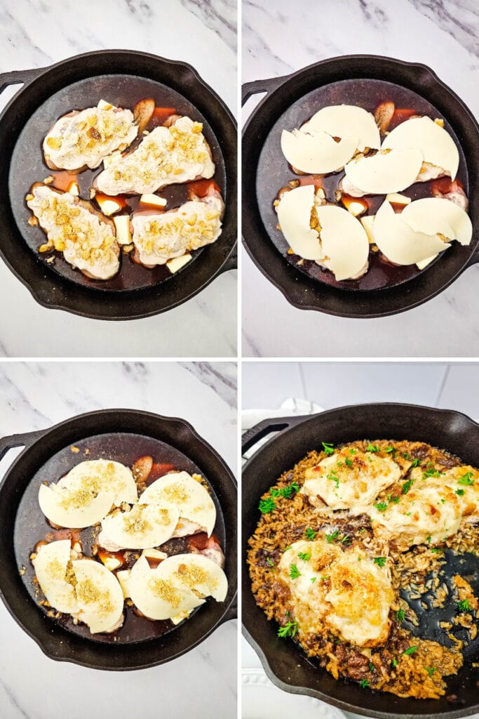 rench onion chicken and rice bake assembly and finished dish in a skillet.