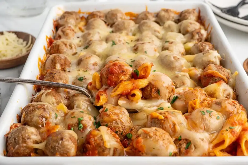 Meatball casserole in a baking dish.