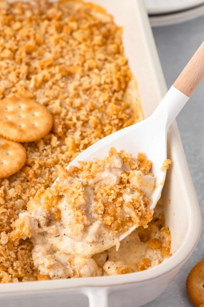 Ritz cracker chicken casserole in a baking dish.