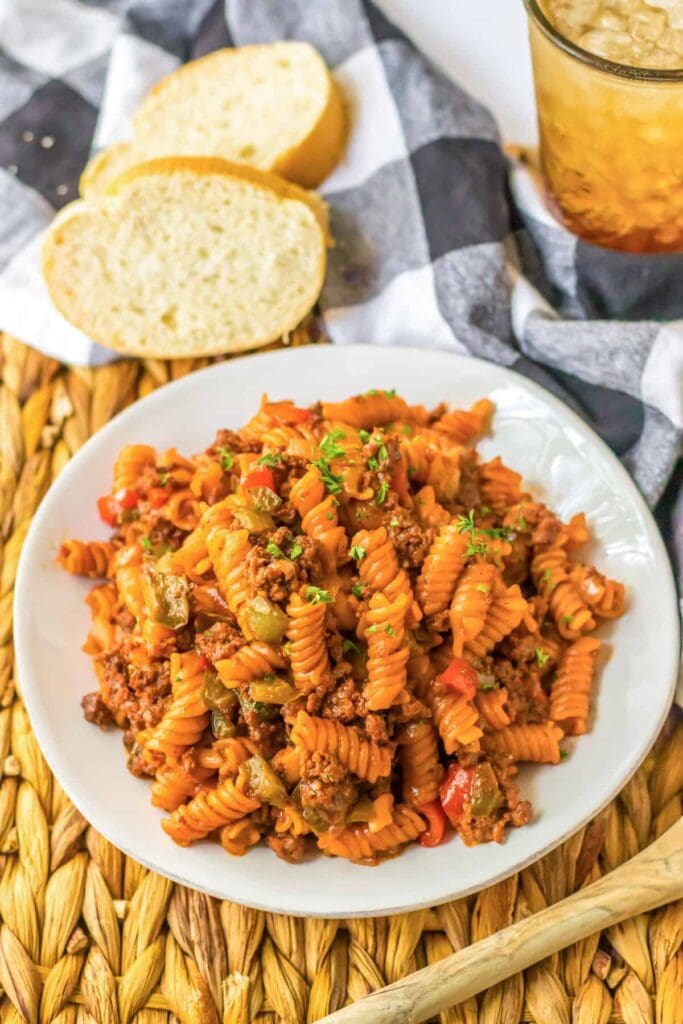 Sloppy Joe pasta on a plate.