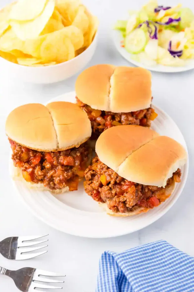 Sloppy joes on a white plate.