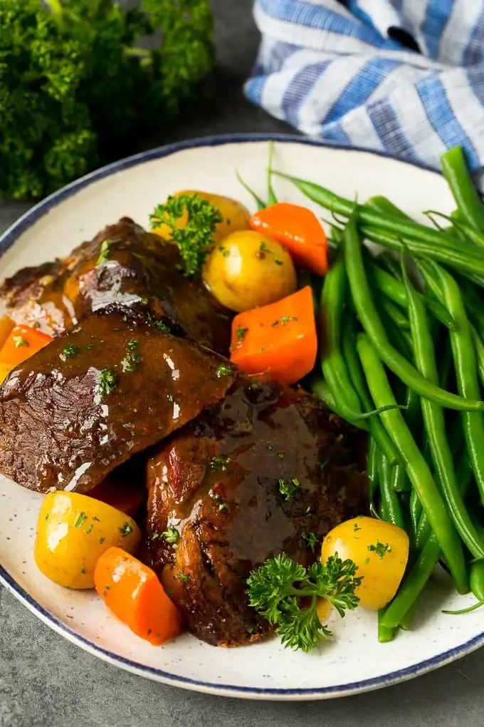 Slow cooker pot roast on a plate.