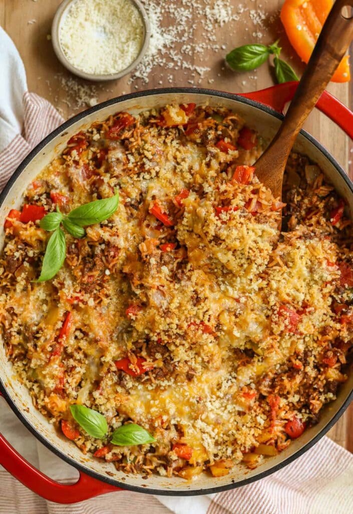 Stuffed pepper skillet with ground beef, rice, and cheese.