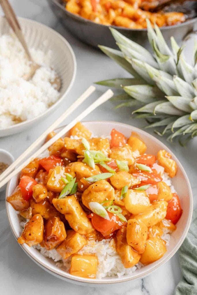 Sweet and sour chicken in a bowl.