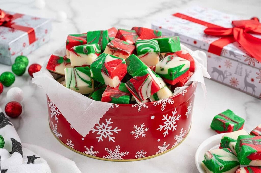 Swirled Christmas fudge in tin